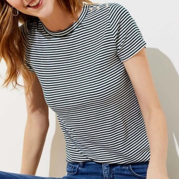 Loft Striped Ribbed Shoulder Button Tee - Picture 1 of 5